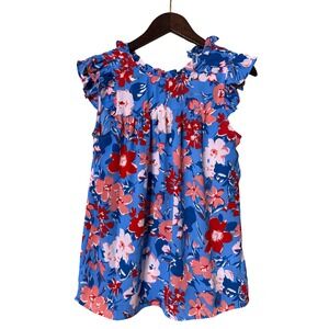 J.Crew XXS Blue Floral Ruffle Flutter Sleeve Blouse Top Red Pink Botanical Women
